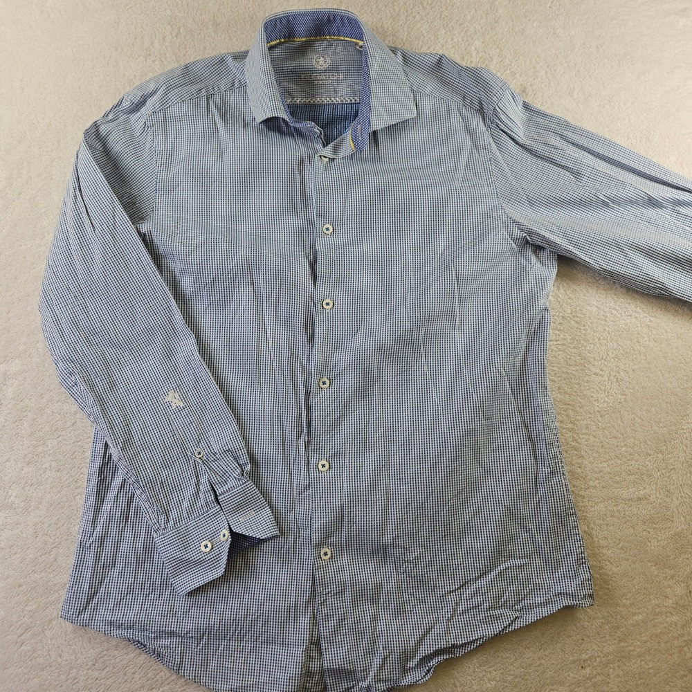 Bugatchi Uomo Mens Blue White Micro Check Cotton Button Down Shirt 16.5 34/35